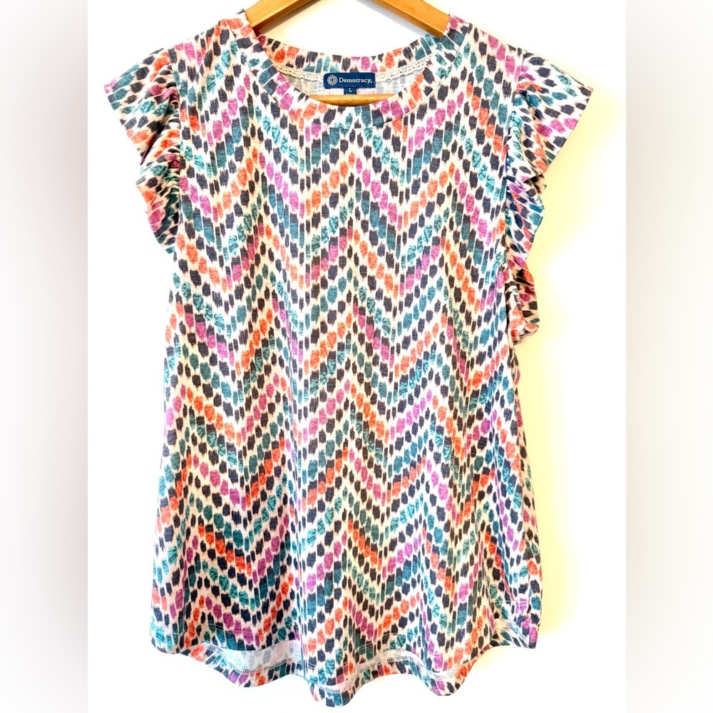 Democracy Multicolor Ikat Flutter Sleeve Ruffle Top